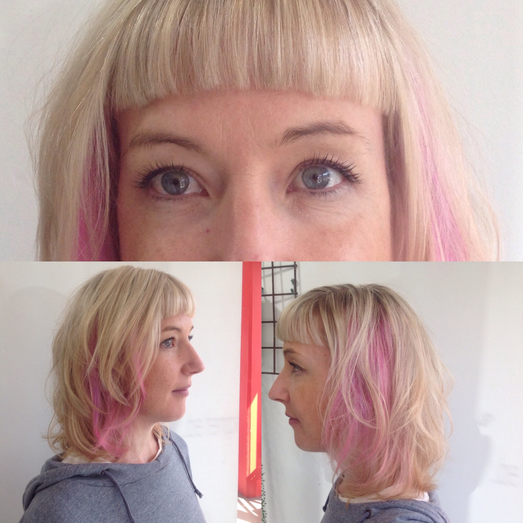 woman with short hairstyle with pink colour