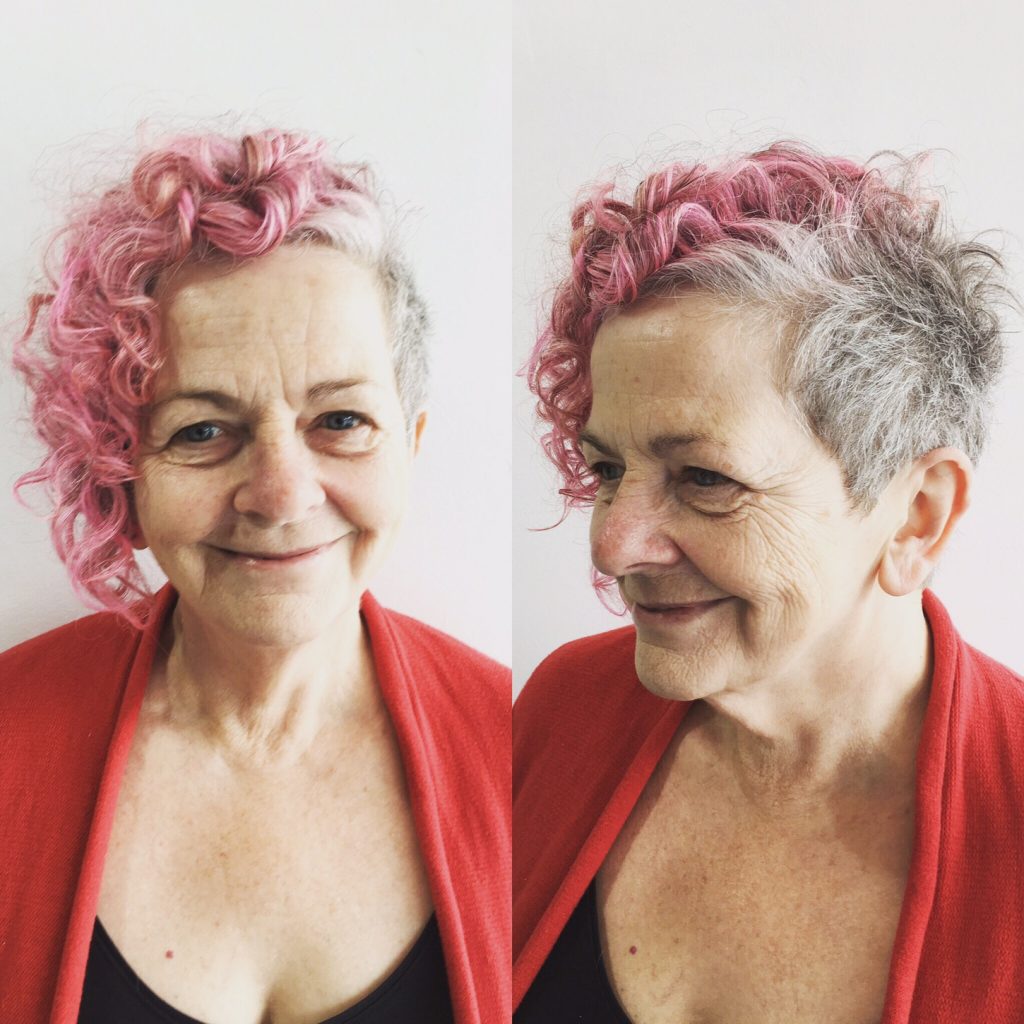 woman with short pink hair