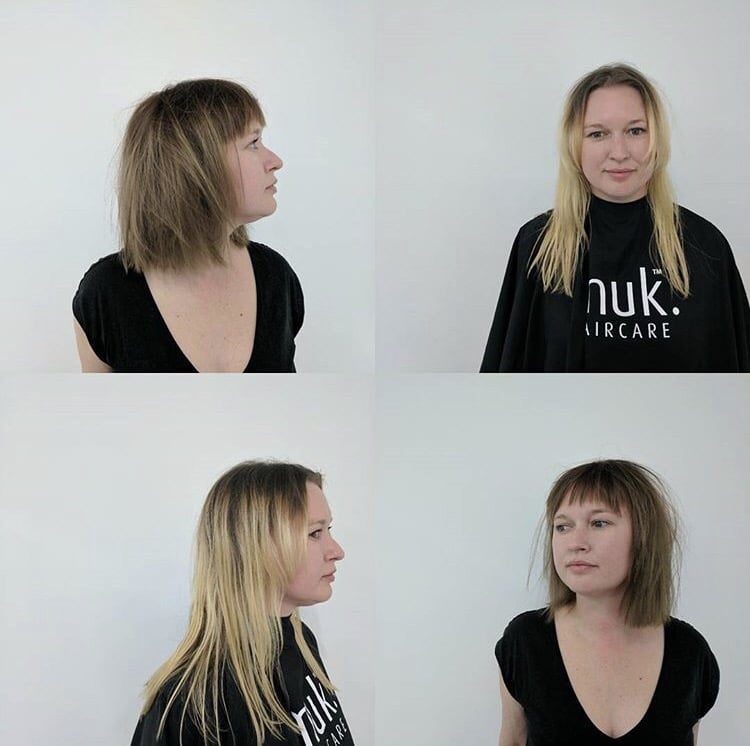 woman got a haircut from long to short with fringe