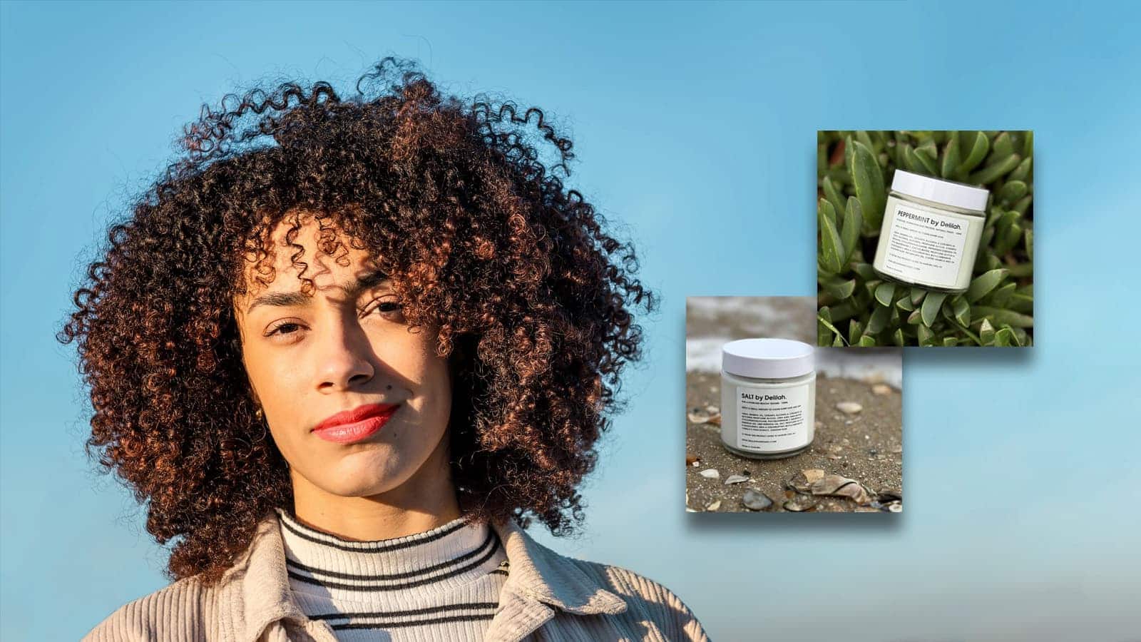 Woman with defined curly hair in natural sunlight
