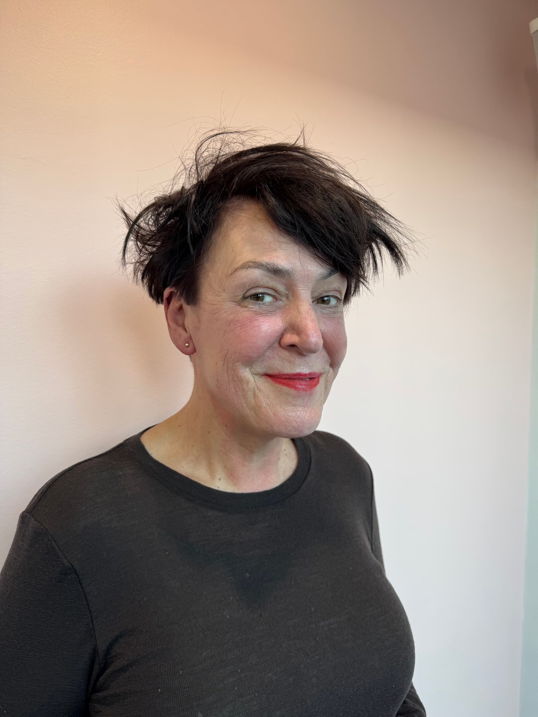 Edgy pixie haircut on client